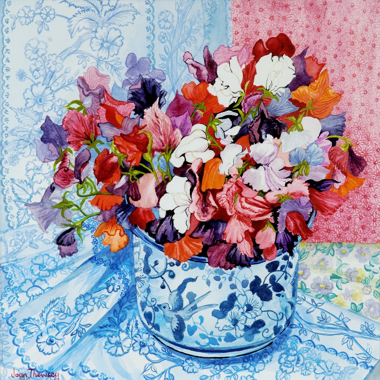 Lathyrus in een blauw-witte pot door Joan Thewsey