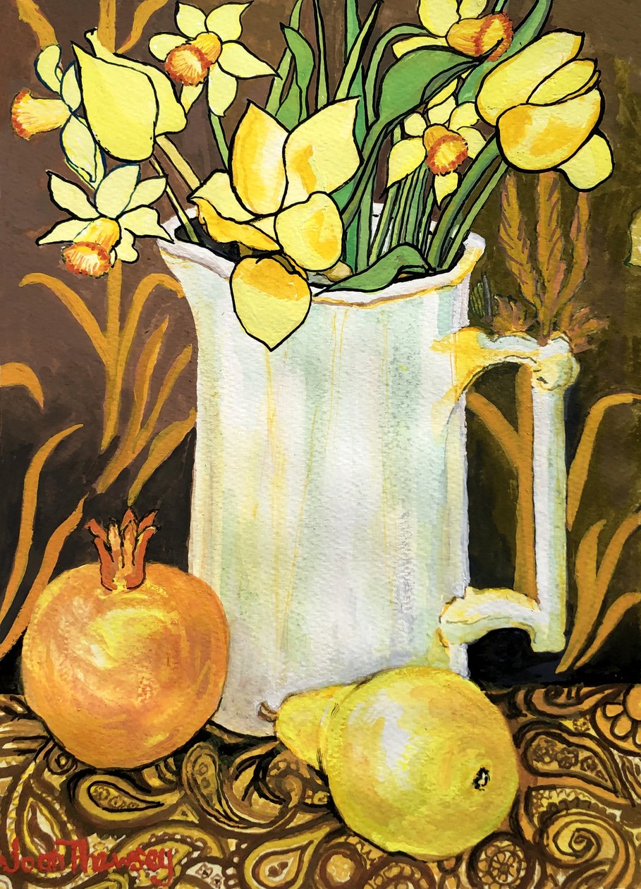 Tulpen en Narcissen in een Witte Kan, met Textiel, Granaatappel en Peer door Joan Thewsey