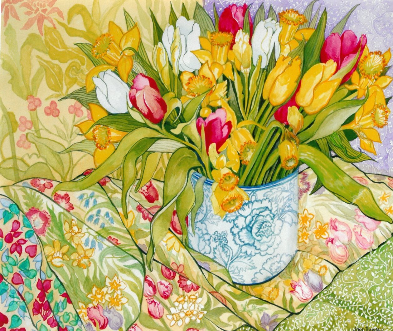 Tulpen en Narcissen met Geweven Textiel door Joan Thewsey