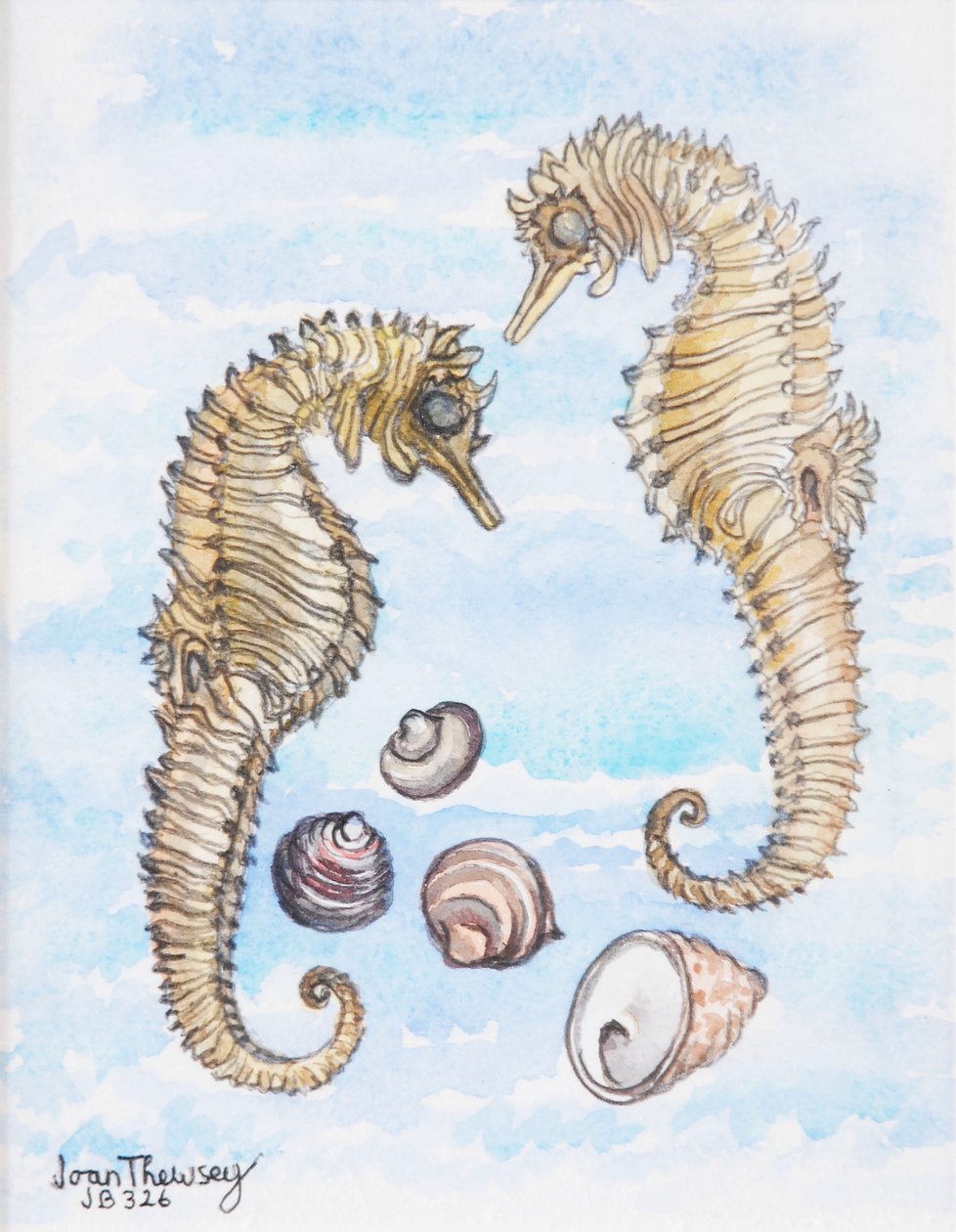Twee zeepaardjes met schelpen, 2000 door Joan Thewsey
