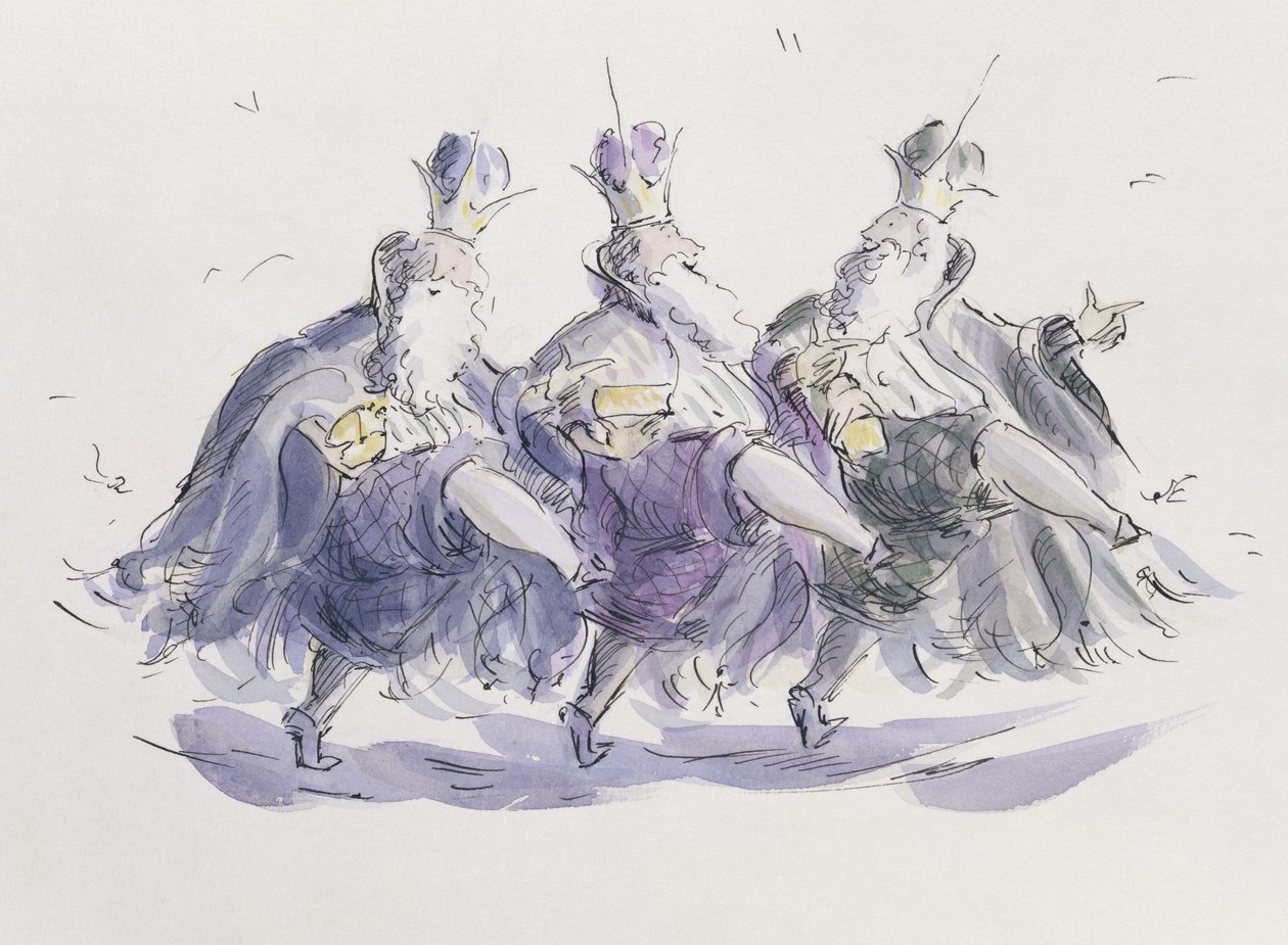 Drie koningen dansen een jig door Joanna Logan