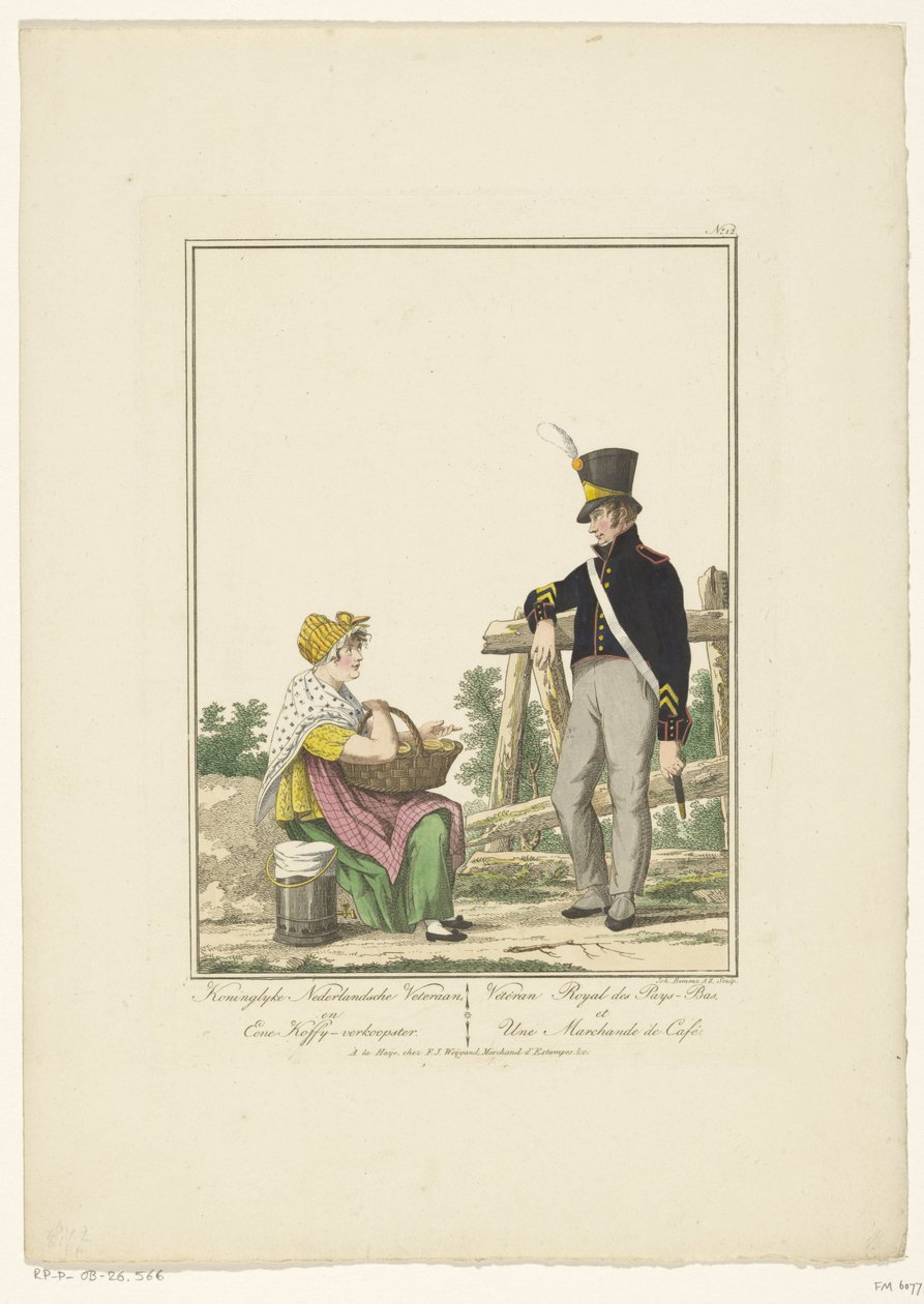 Staande soldaat met zittende koffieverkoopster (Koninglyke Nederlandsche veteraan, en eene koffy-verkoopster, Uniformen en klederdrachten) door Joannes Bemme