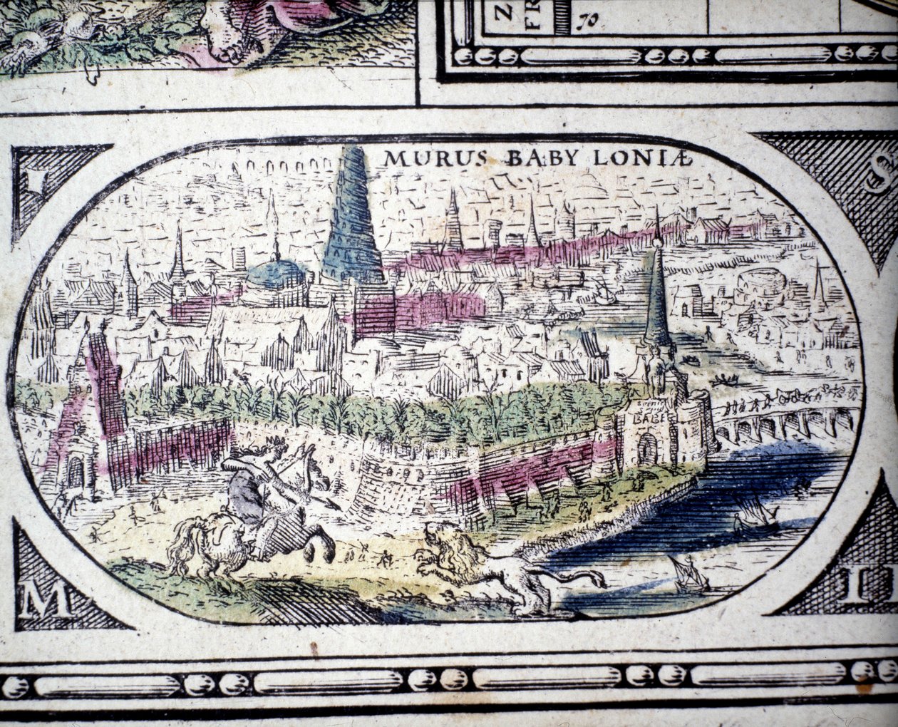 Voorstelling van de Zeven Wonderen van de Oudheid: de Tuinen van Babylon. in de Atlas van Jansson Jannsonius gedrukt in Amsterdam in 1630 door Joannes Jansson