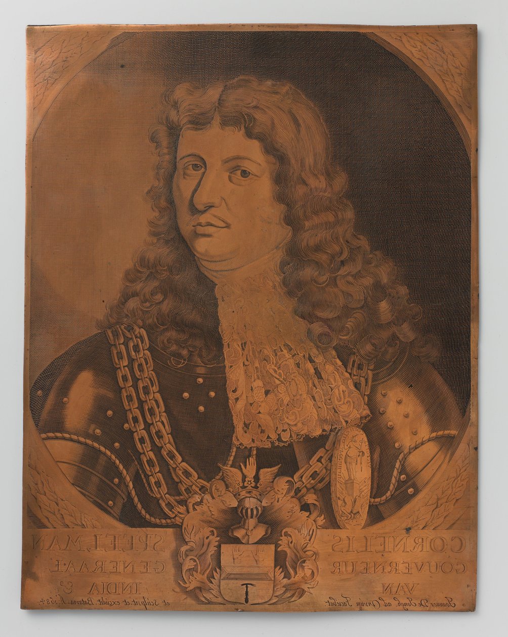 Koperen gravure-plaat met portret (borststuk) van Cornelis Speelman 1640-1684, Gouverneur-Generaal van Nederlands-Indië 1681-1684 door Joannes de Jongh