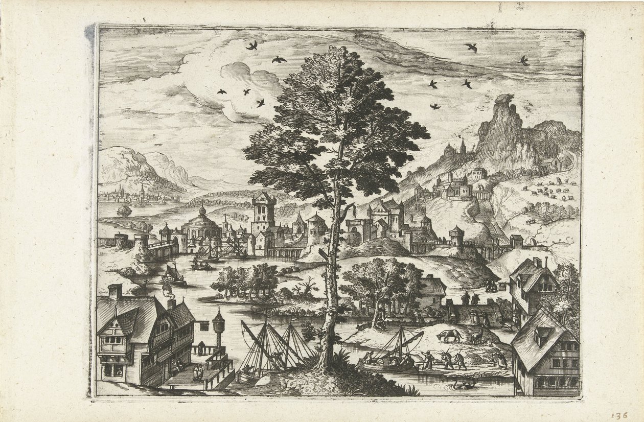 Landschap met stadje aan rivier door Joannes van Doetechum (I) (attributed to)
