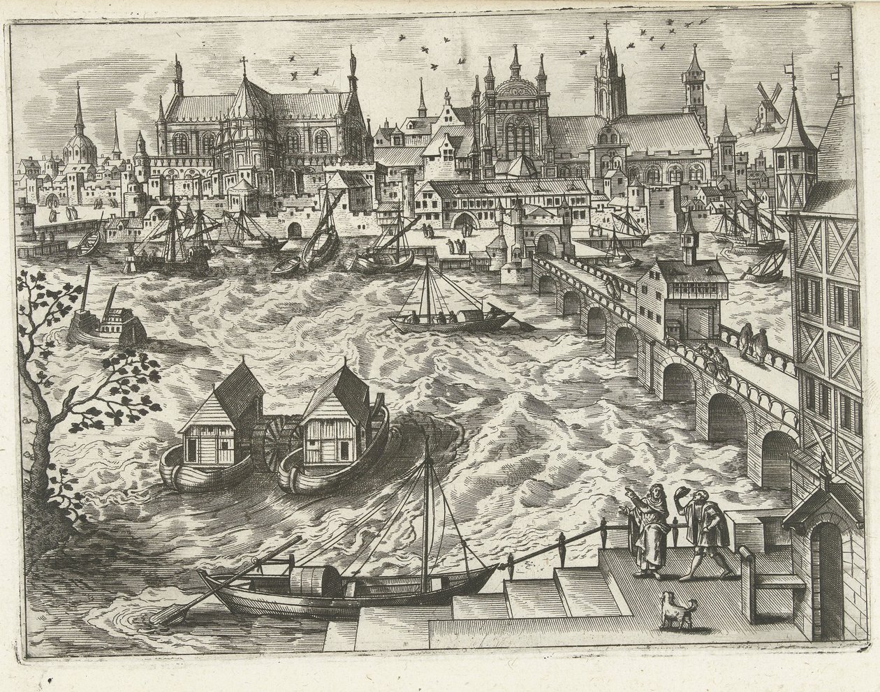 Stadsgezicht met brug en haven door Joannes van Doetechum (I) (attributed to)