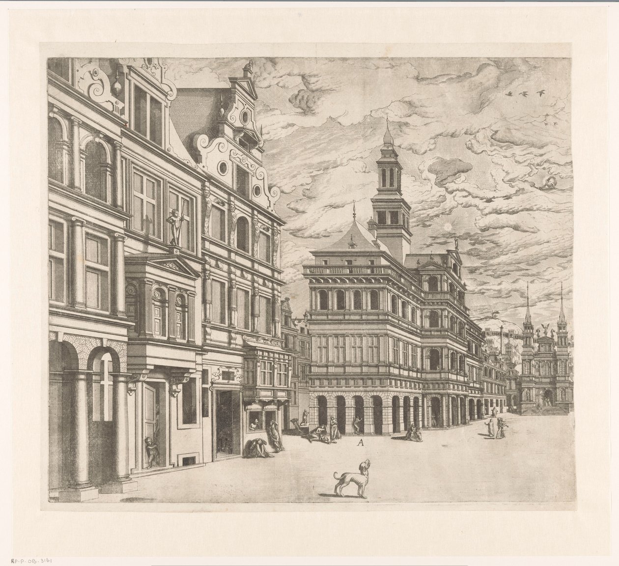 Gezicht op een plein met monumentale bouwwerken door Joannes van Doetechum (I)