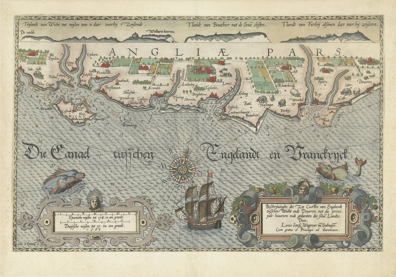 Kaart van de Zuid-Engelse kust tussen de Isle of Wight en Dover Beschrijvinghe der Zee Custen van Engelandt tuschen Wicht ende Doueren door Joannes van Doetechum (I)