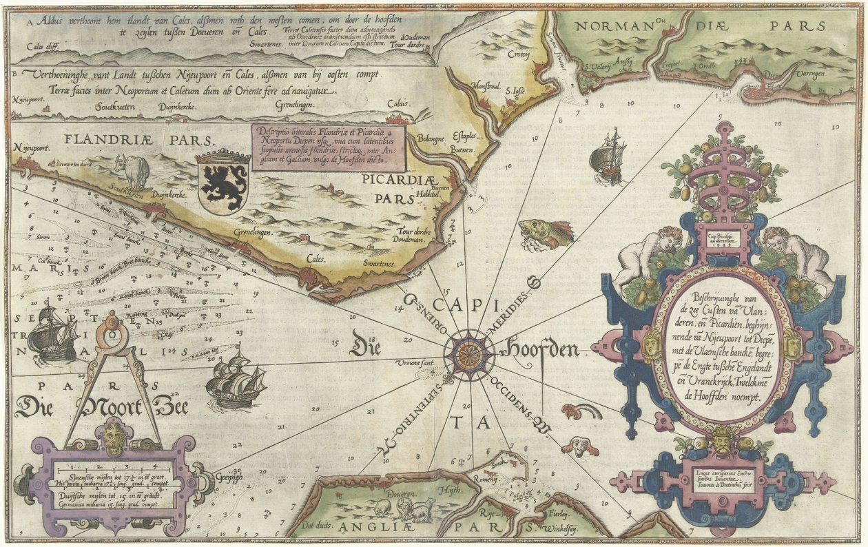 Kaart van de kust van Vlaanderen, Normandië en Engeland door Joannes van Doetecum