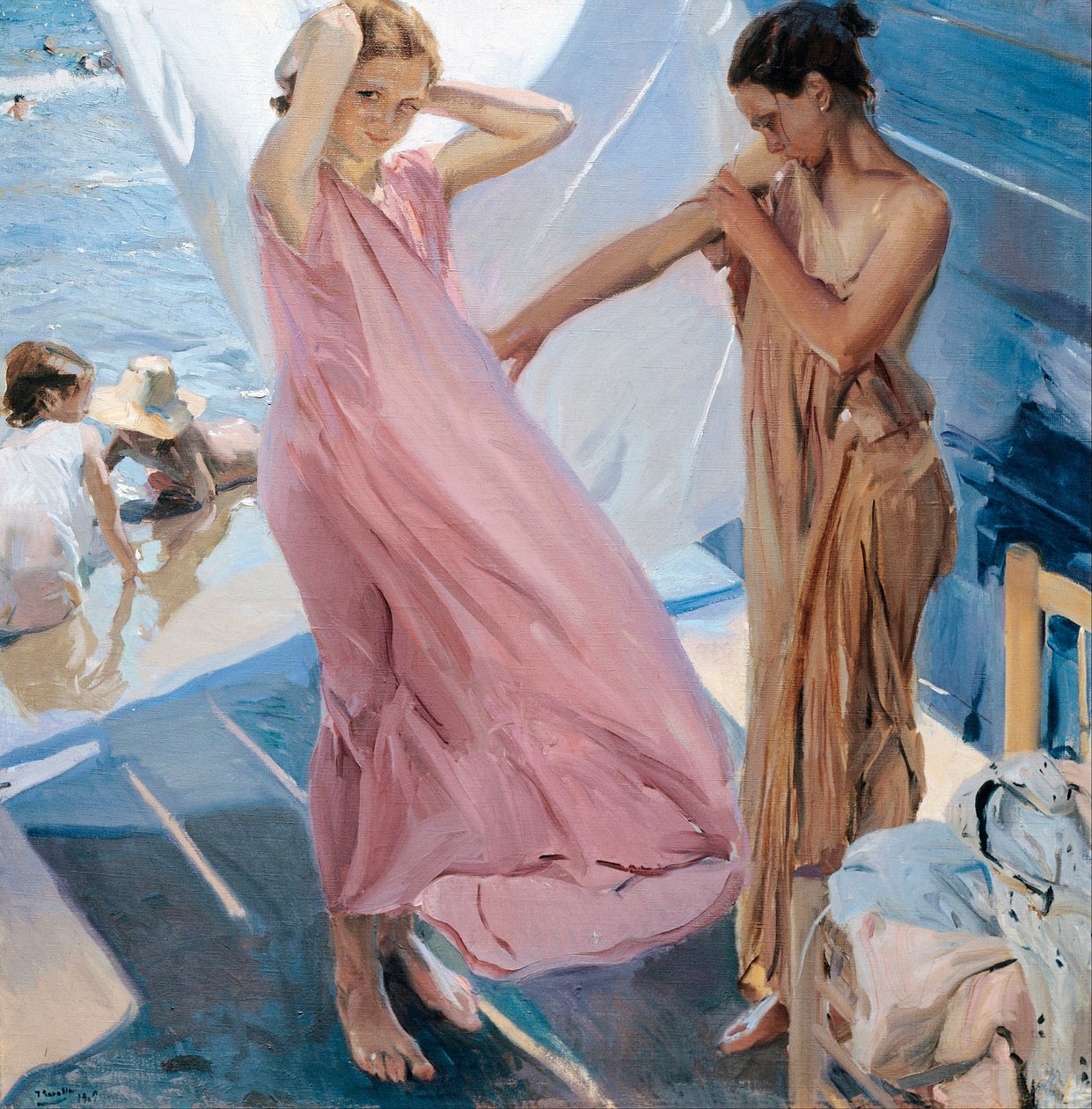 Na het bad, twee meisjes die zich omkleden na het zwemmen in de zee door Joaquin Sorolla y Bastida