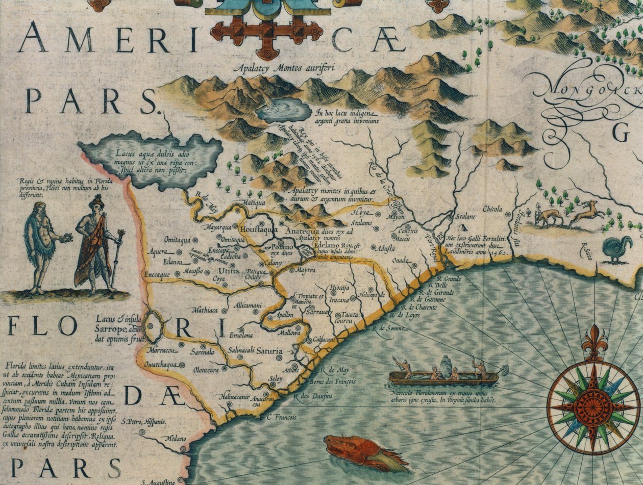 Kust van North Carolina, detail van de kaart getiteld Virginiae item et Floridae uit de Mercator Atlas... van 1606, uitgegeven door Jodocus Hondius (detail) door Jodocus Hondius