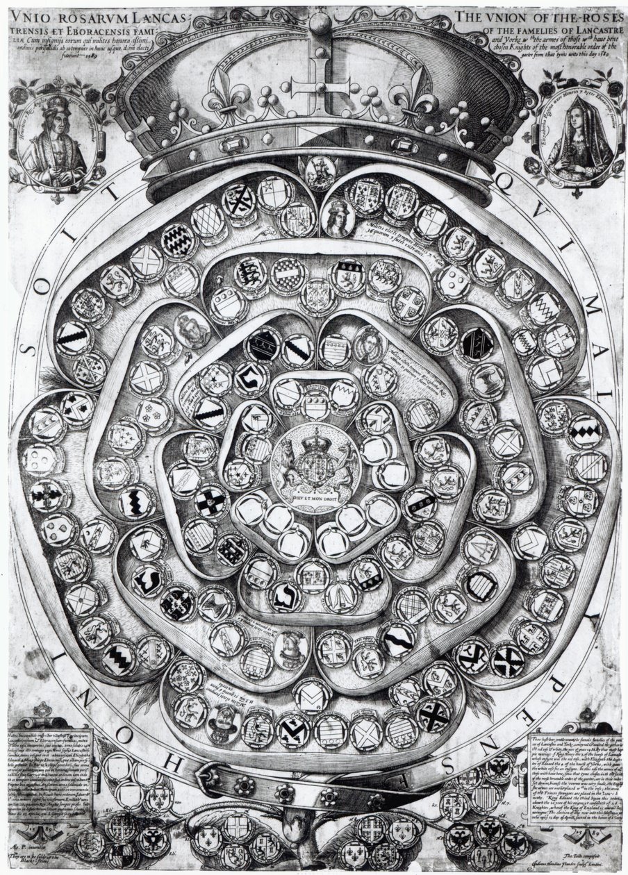 De Vereniging van de Rozen van de Families Lancaster en York, 1589 door Jodocus Hondius