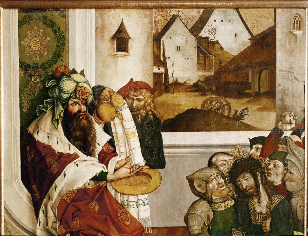 Pontius Pilatus wast zijn handen (tempera op sparrenhout) door Joerg the Elder Breu
