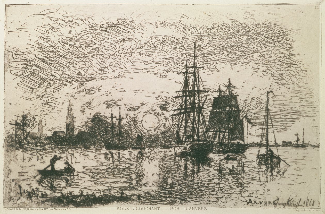 Ondergaande zon, de haven van Antwerpen door Johan Barthold Jongkind