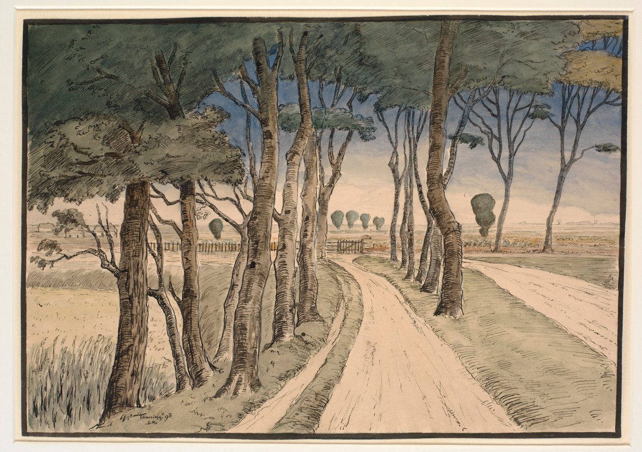 Marklandschap. Op de voorgrond een weg met bomen door Johan Rohde