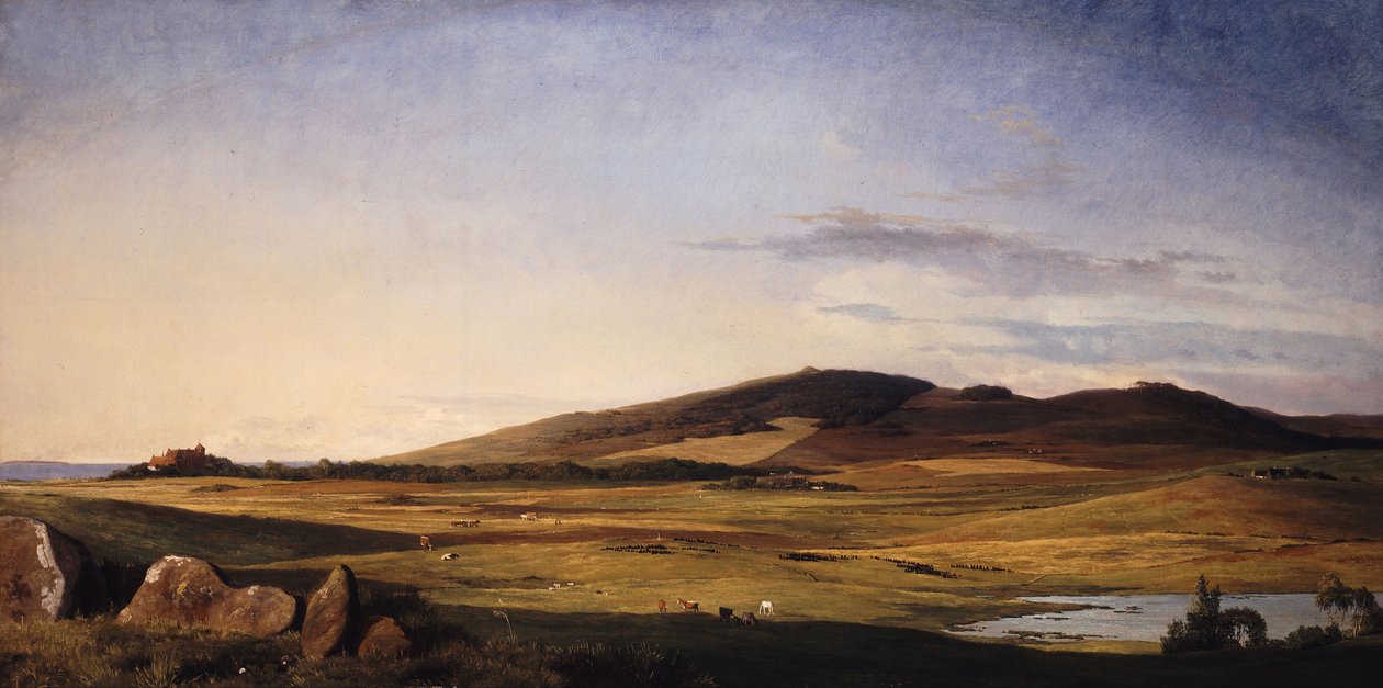 Landschap van Seeland. Uitzicht vanaf Bjerresø Mark richting Vejrhøj en Dragsholm Kasteel door Johan Thomas Lundbye