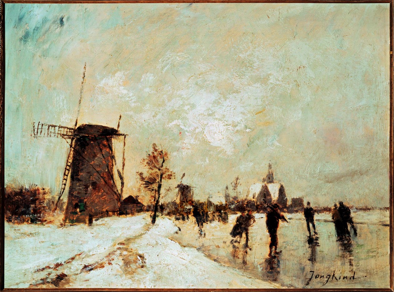 Schaatsen in Nederland (schilderij op doek) door Johan-Barthold Jongkind