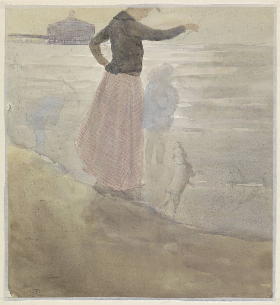 Vrouw met twee kinderen en een hondje aan het strand door Johan Antonie de Jonge
