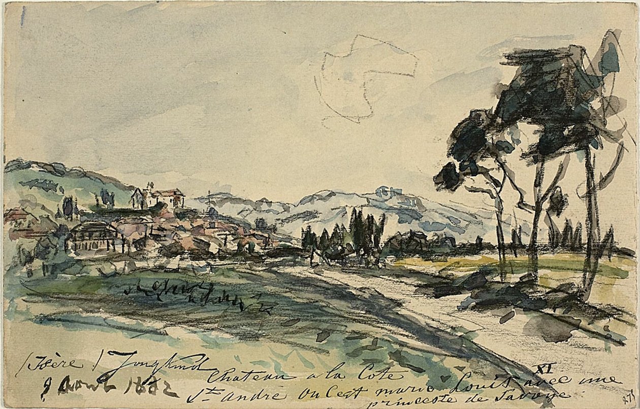 Chateau, Cote Saint Andre (recto) Lege kar en schuur met andere schetsen (verso) door Johan Barthold Jongkind