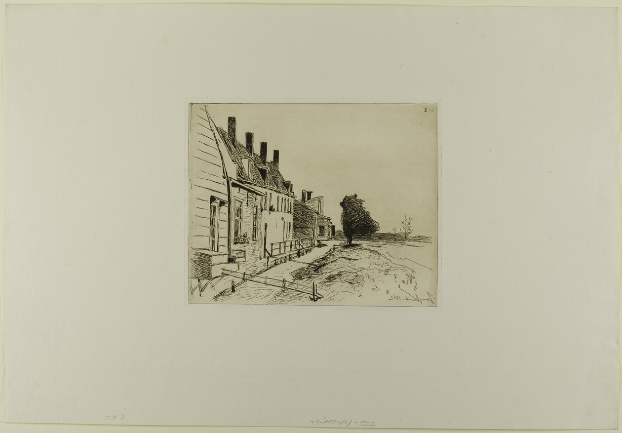 Huizen langs het kanaal, uit Boek van zes etsen, gezichten op Holland door Johan Barthold Jongkind