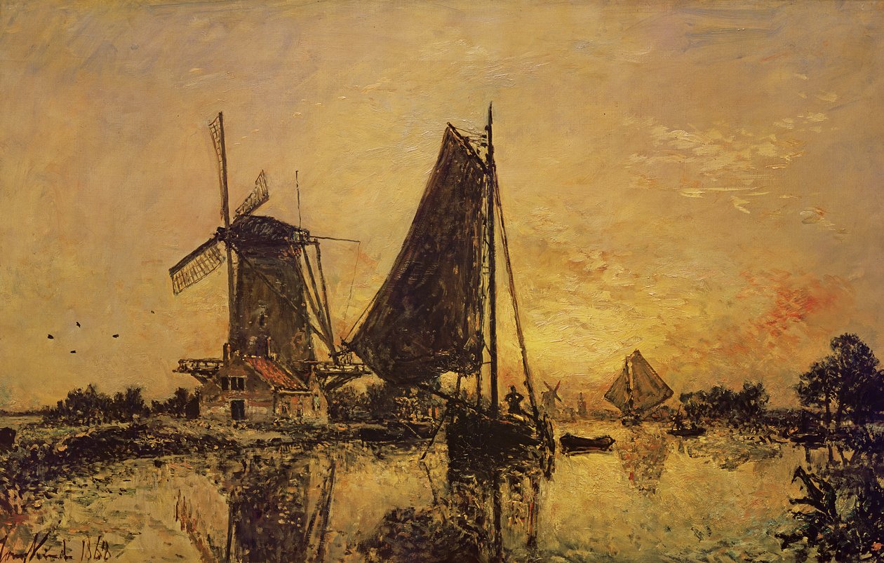 In Holland, Boten bij een Windmolen, 1868 door Johan Barthold Jongkind