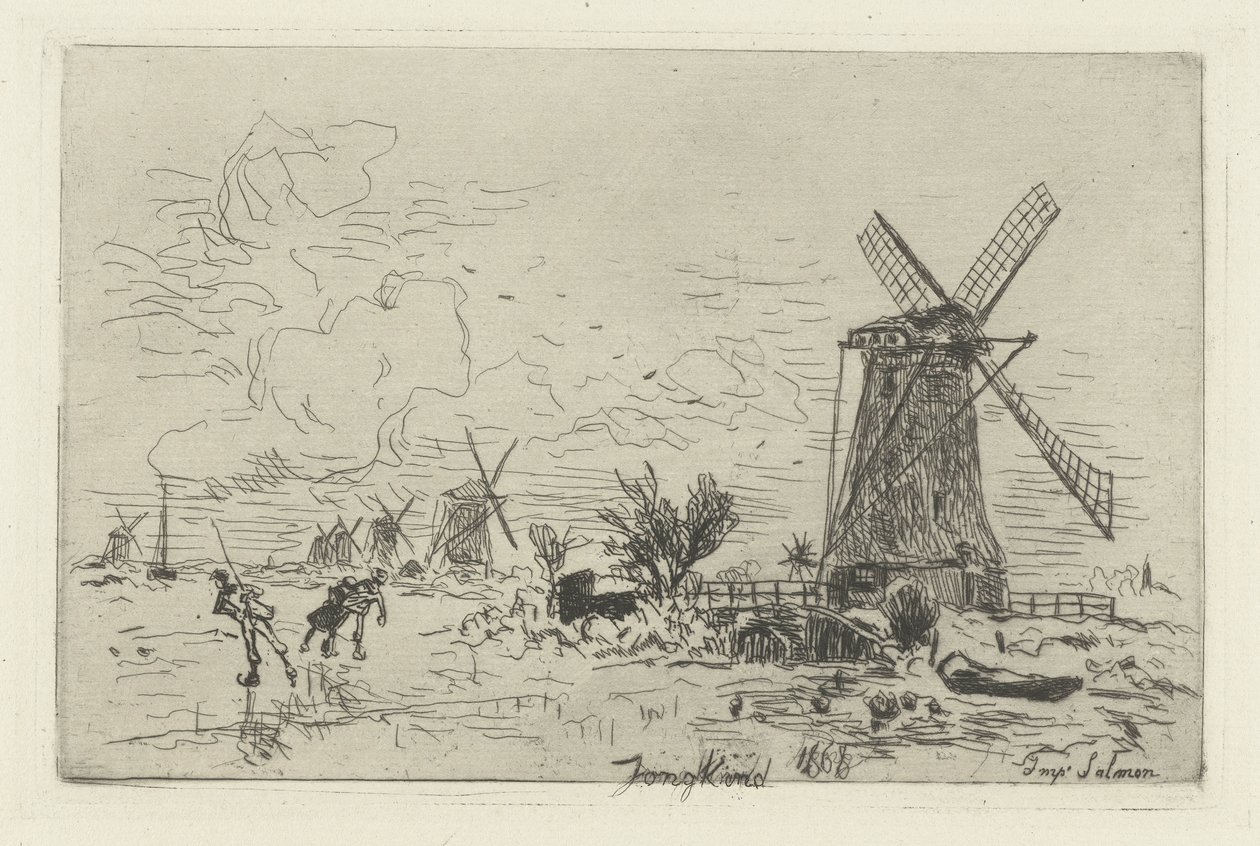 Landschap met molens en schaatsers door Johan Barthold Jongkind