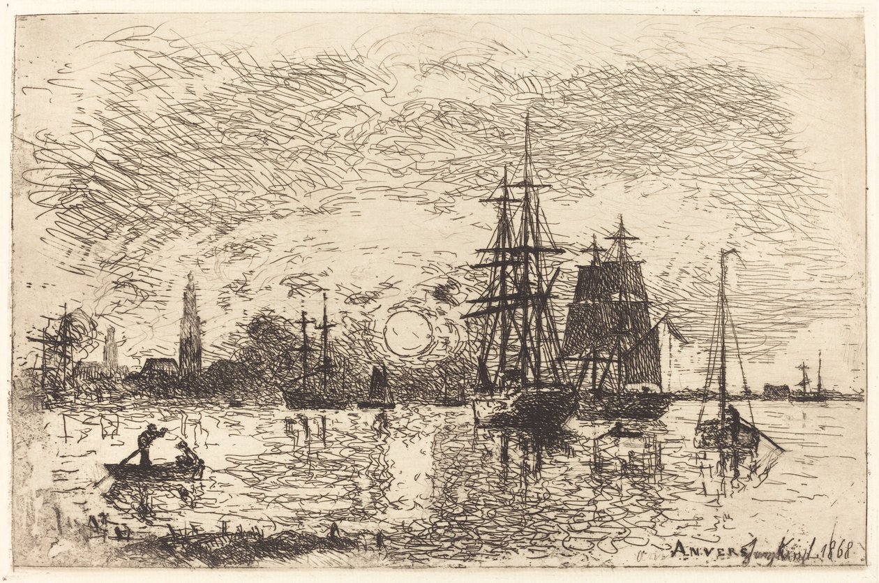 Zonsondergang, Haven van Antwerpen door Johan Barthold Jongkind