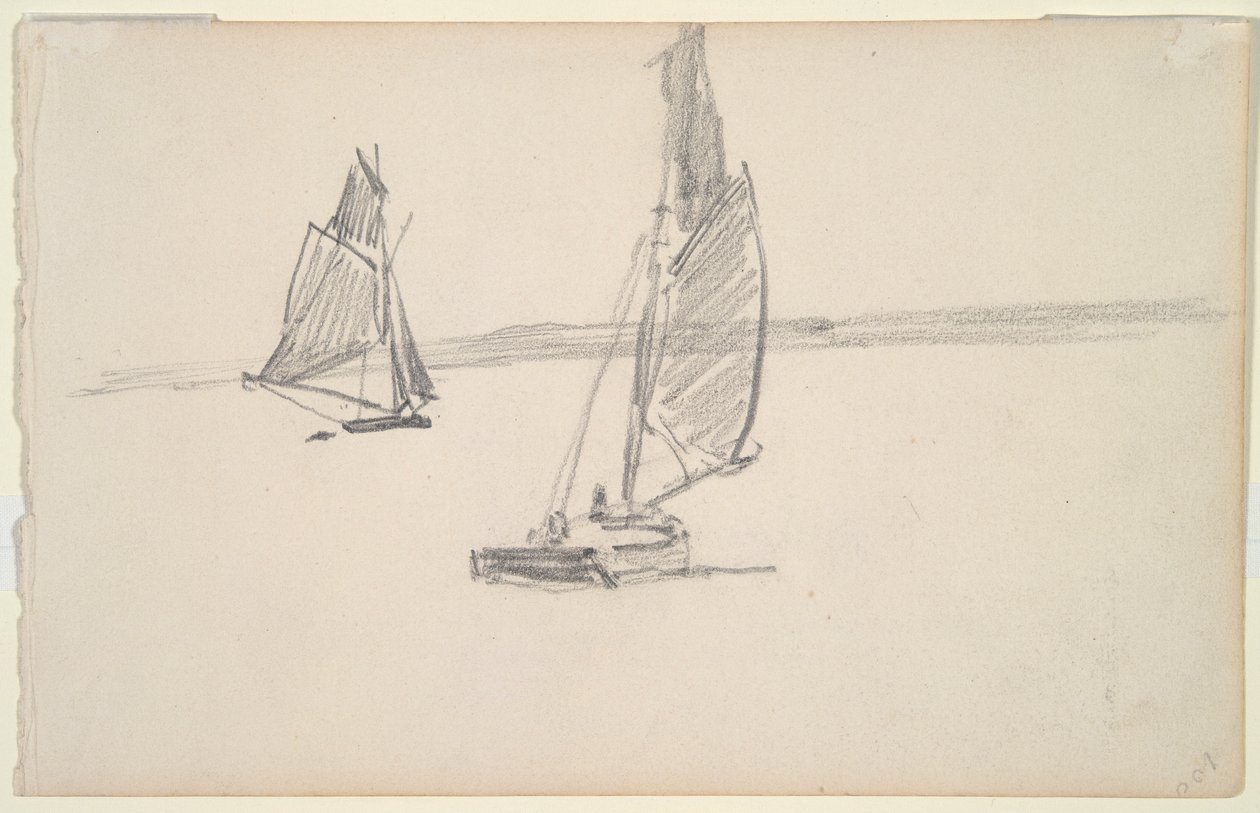 Twee Vissersboten op Rustig Water (recto); Twee Zeilboten op Rustig Water (verso) door Johan Barthold Jongkind