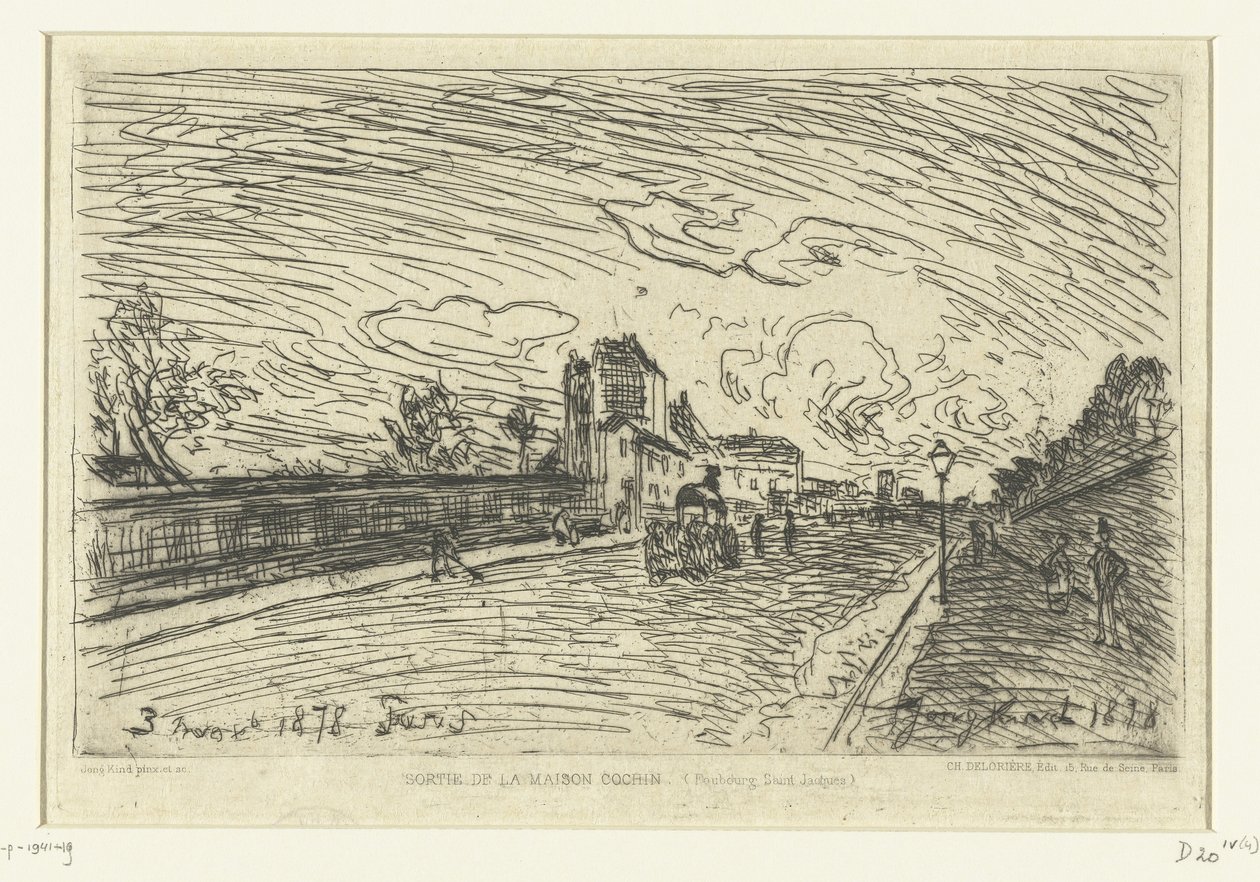 Uitgang van ziekenhuis Cochin (Faubourg Saint-Jacques, Parijs) door Johan Barthold Jongkind