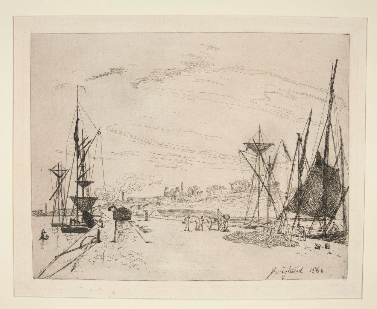 Vue du Port au Chemin de Fer ? Honfleur (Uitzicht op de haven vanaf de spoorweg in Honfleur) door Johan-Barthold Jongkind