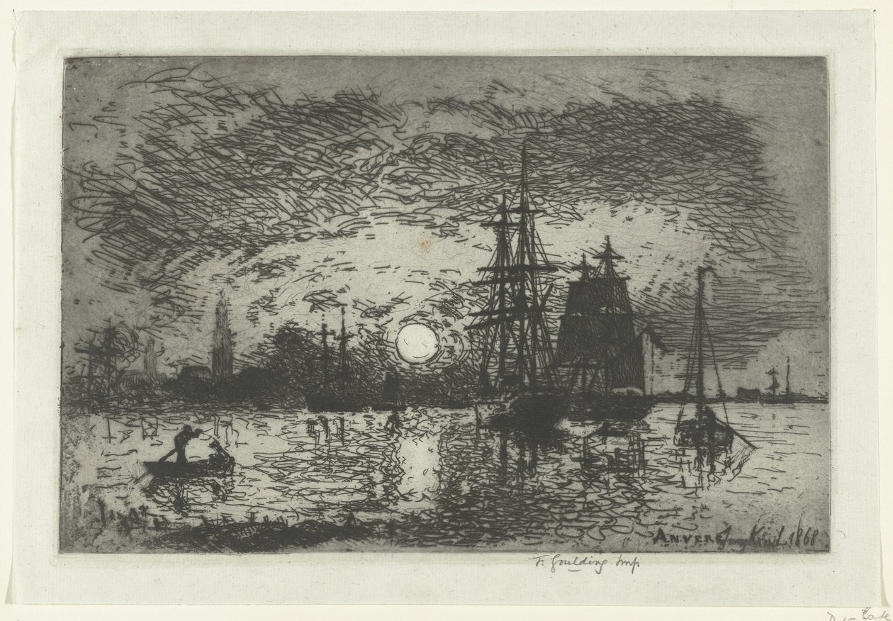 Zonsondergang bij de haven van Antwerpen door Johan Barthold Jongkind