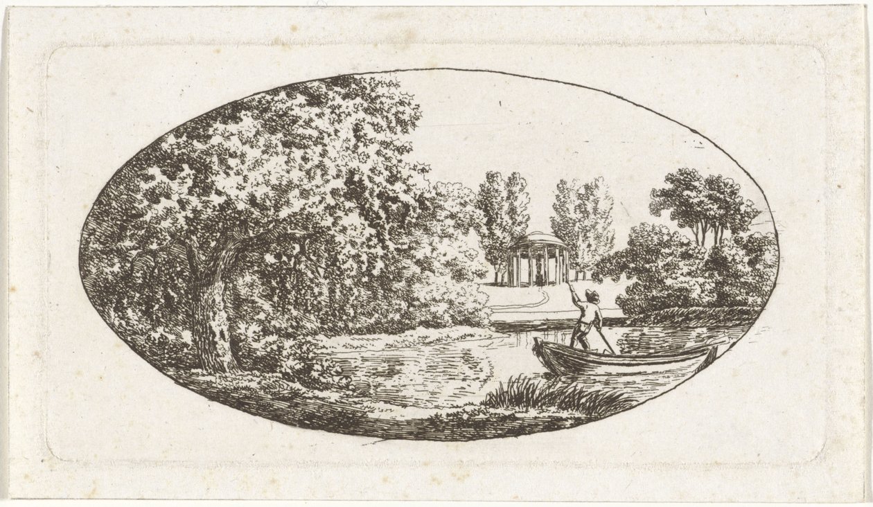 Vijver met aan de overzijde een tempel met beeld door Johan Christiaan Willem Safft