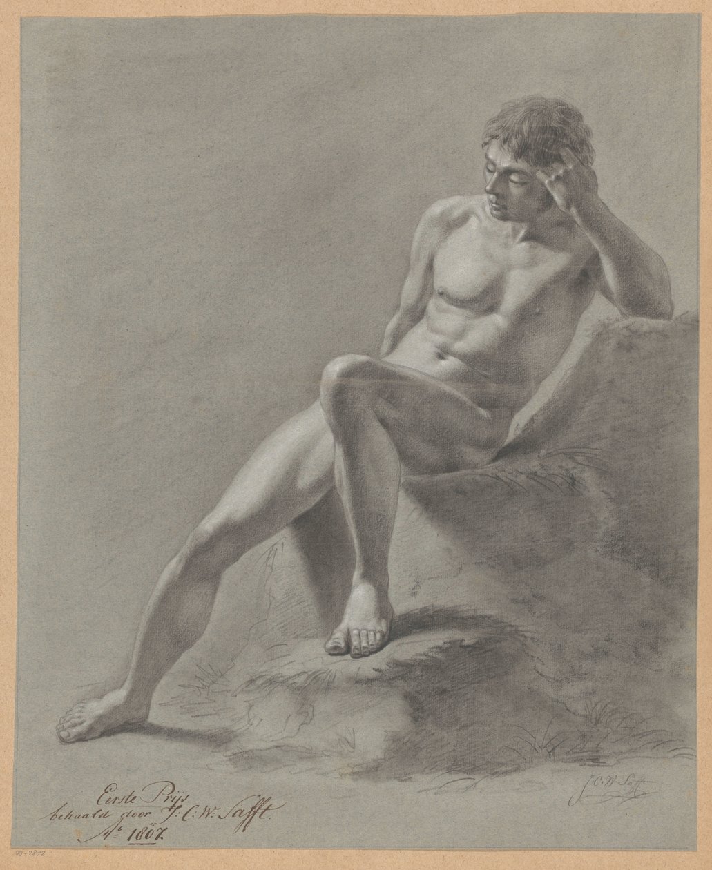 Zittend mannelijk naakt, van voren gezien (1e prijs 1807) door Johan Christiaan Willem Safft