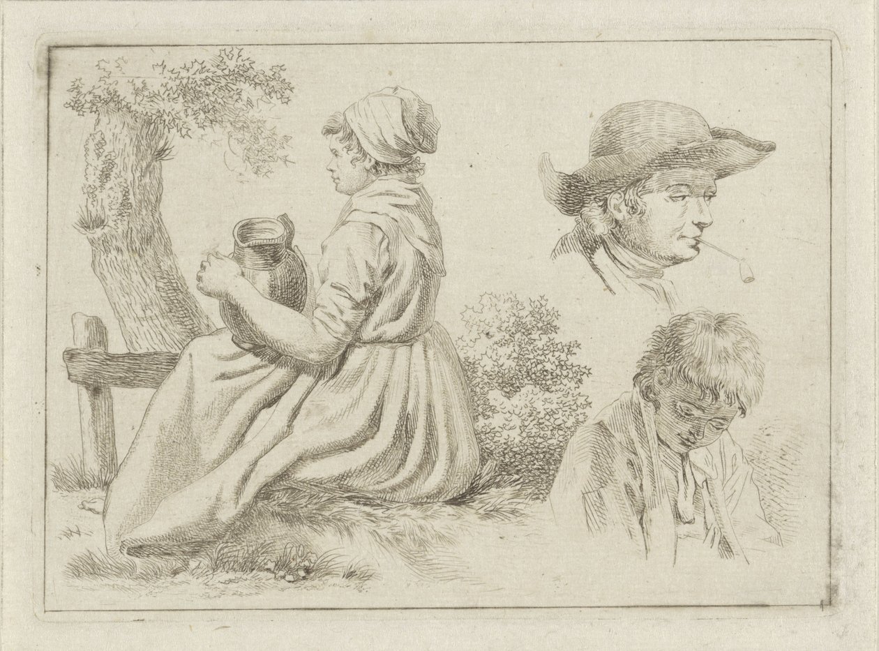Zittende vrouw met schenkkan, portret van een man met pijp en een jongen door Johan Christiaan Willem Safft
