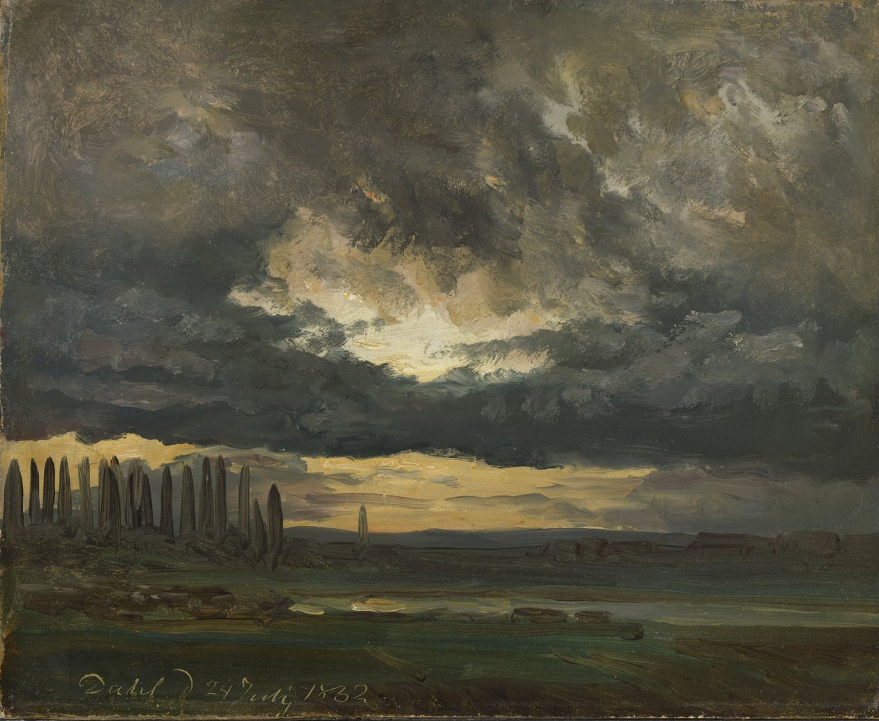 Wolkenstudie over de Elbe met populieren door Johan Christian Dahl