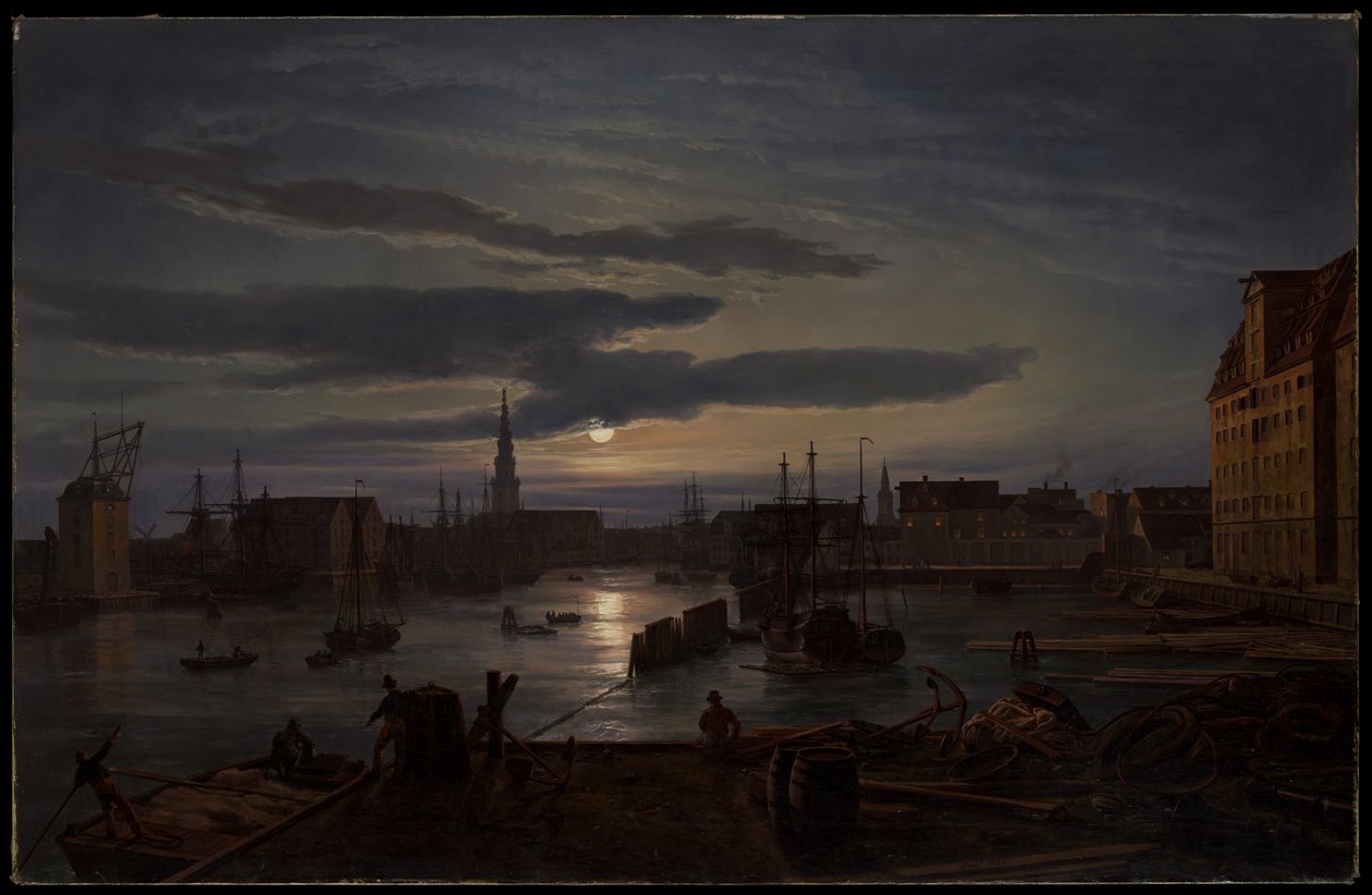 De haven van Kopenhagen bij maanlicht door Johan Christian Dahl