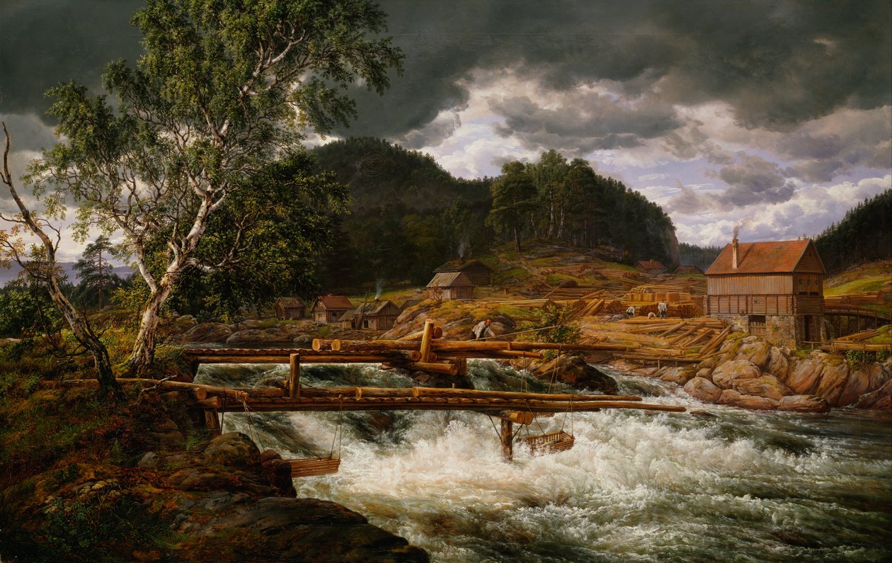 Noors Bokmål:  Hellefossen ved Hokksund Hellefossen bij Hokksund door Johan Christian Dahl