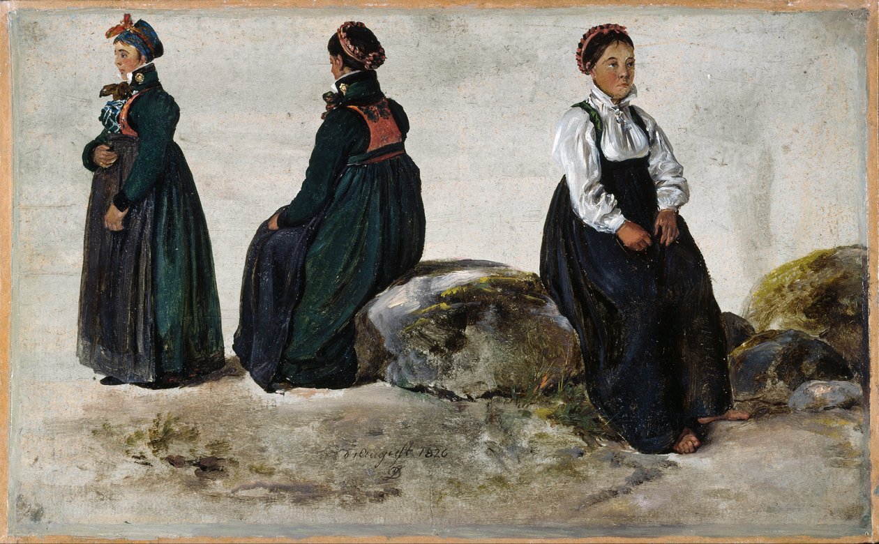Studies van vrouwenkostuums uit Luster in Sogn door Johan Christian Dahl