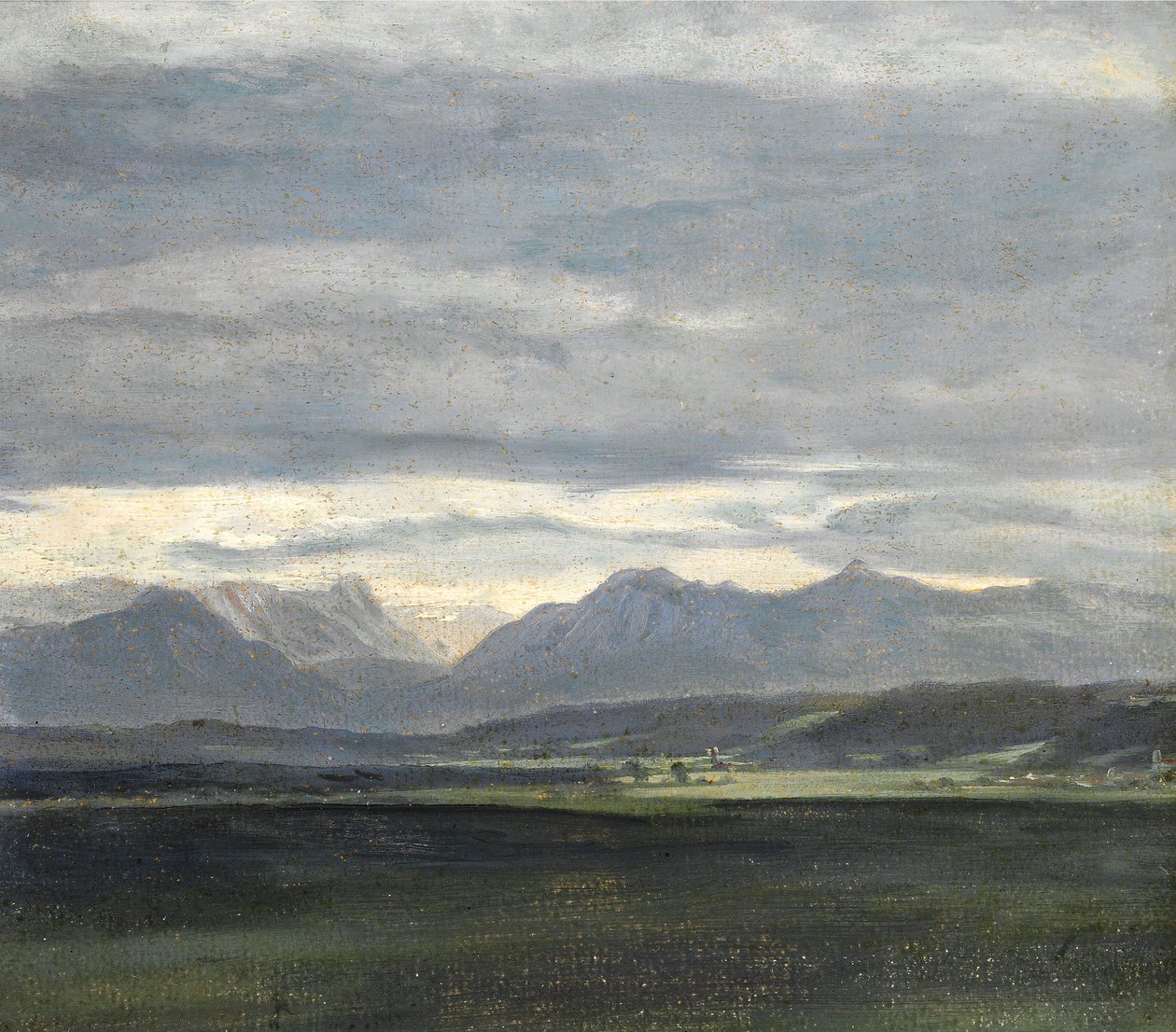 Studie van een landschap met poederblauwe lucht boven bergen door Johan Christian Dahl