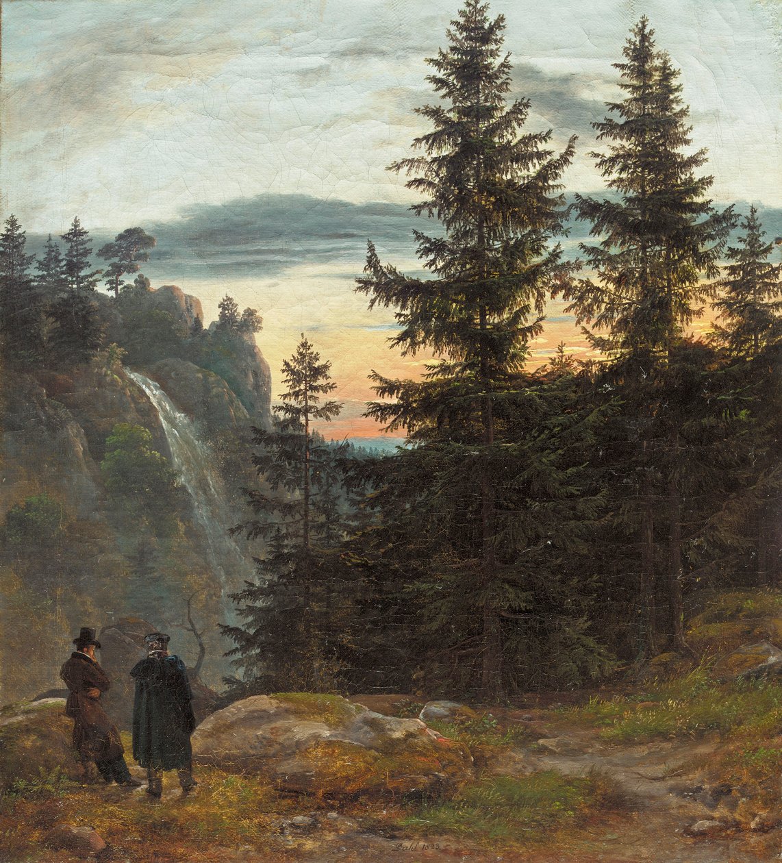 Twee mannen voor een waterval bij zonsondergang door Johan Christian Dahl
