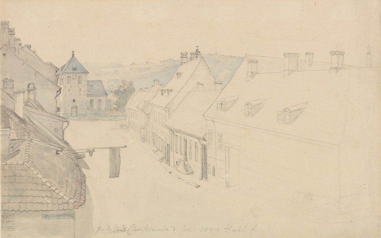 De Onze-Lieve-Heer-kerk in Christiania, gezien vanaf Grensen door Johan Christian Dahl