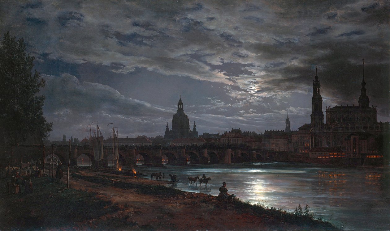 Uitzicht op Dresden bij maanlicht door Johan Christian Dahl
