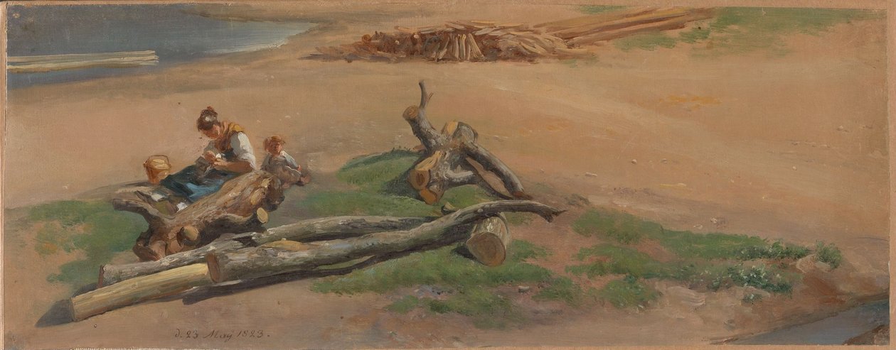 Vrouw en kind op een rivieroever door Johan Christian Dahl