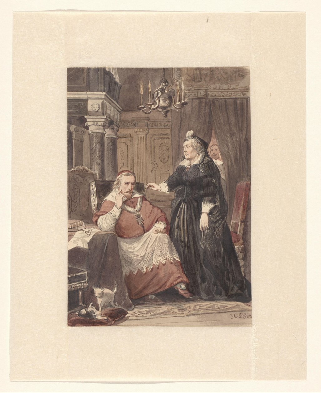 Twee personen in een interieur, mogelijk Maria de Medici en kardinaal de Richelieu door Johan Coenraad Leich (signed by artist)