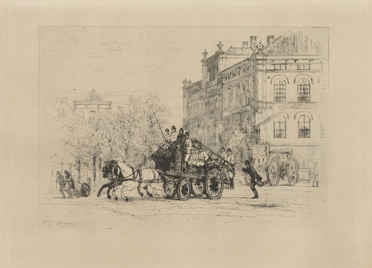 Gezicht op het Weesperplein met een brandweerwagen door Johan Conrad Greive