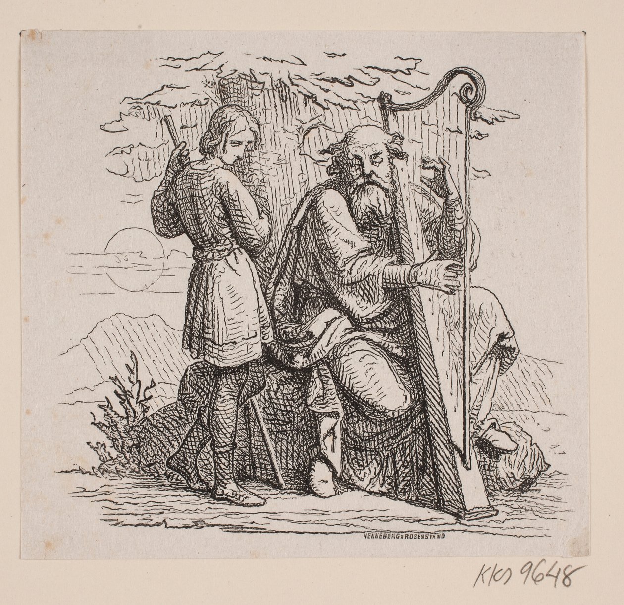 Een oude harpspeler en een jongen onder een boom door Johan Frederik Rosenstand