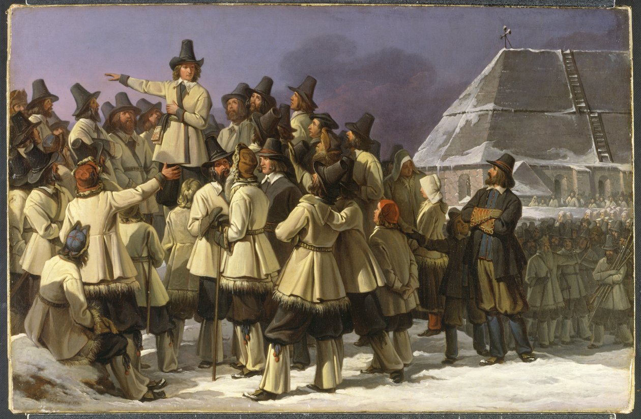 Koning Gustaaf Vasa van Zweden spreekt mannen uit Dalarna toe in Mora door Johan Gustaf Sandberg