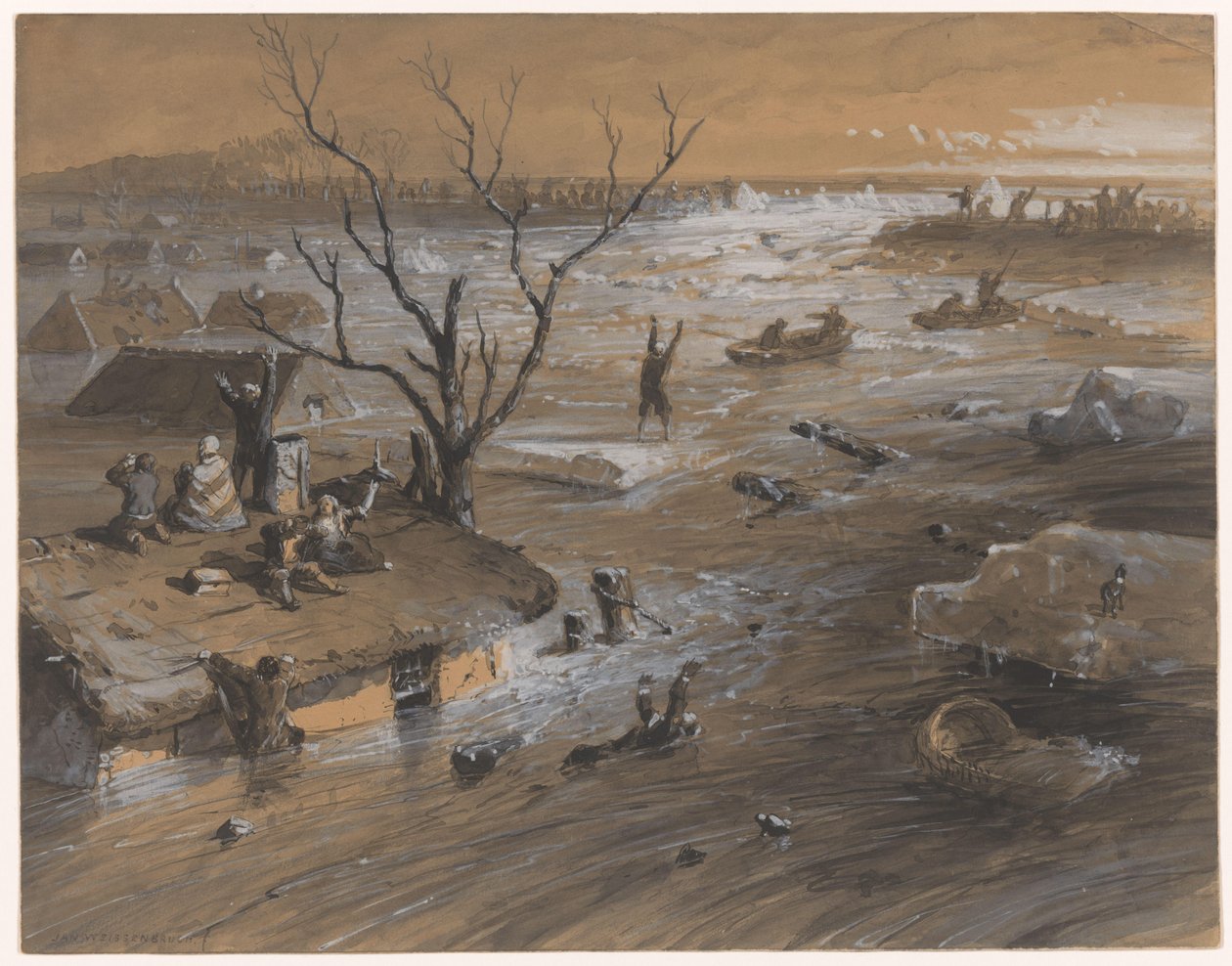 Dijkbreuk te Brakel, 4 januari 1861 door Johan Hendrik Weissenbruch (signed by artist)
