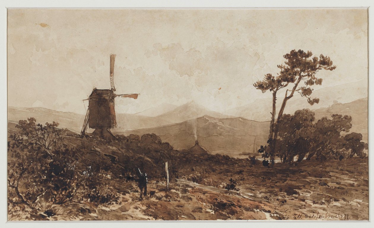 Heuvellandschap met links een molen door Johan Hendrik Weissenbruch