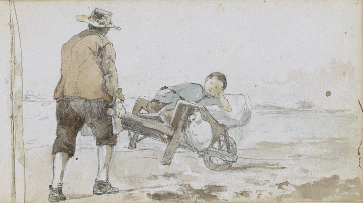 Landschap met een man die een jongen op een handkar voortduwt door Johan Hendrik Weissenbruch